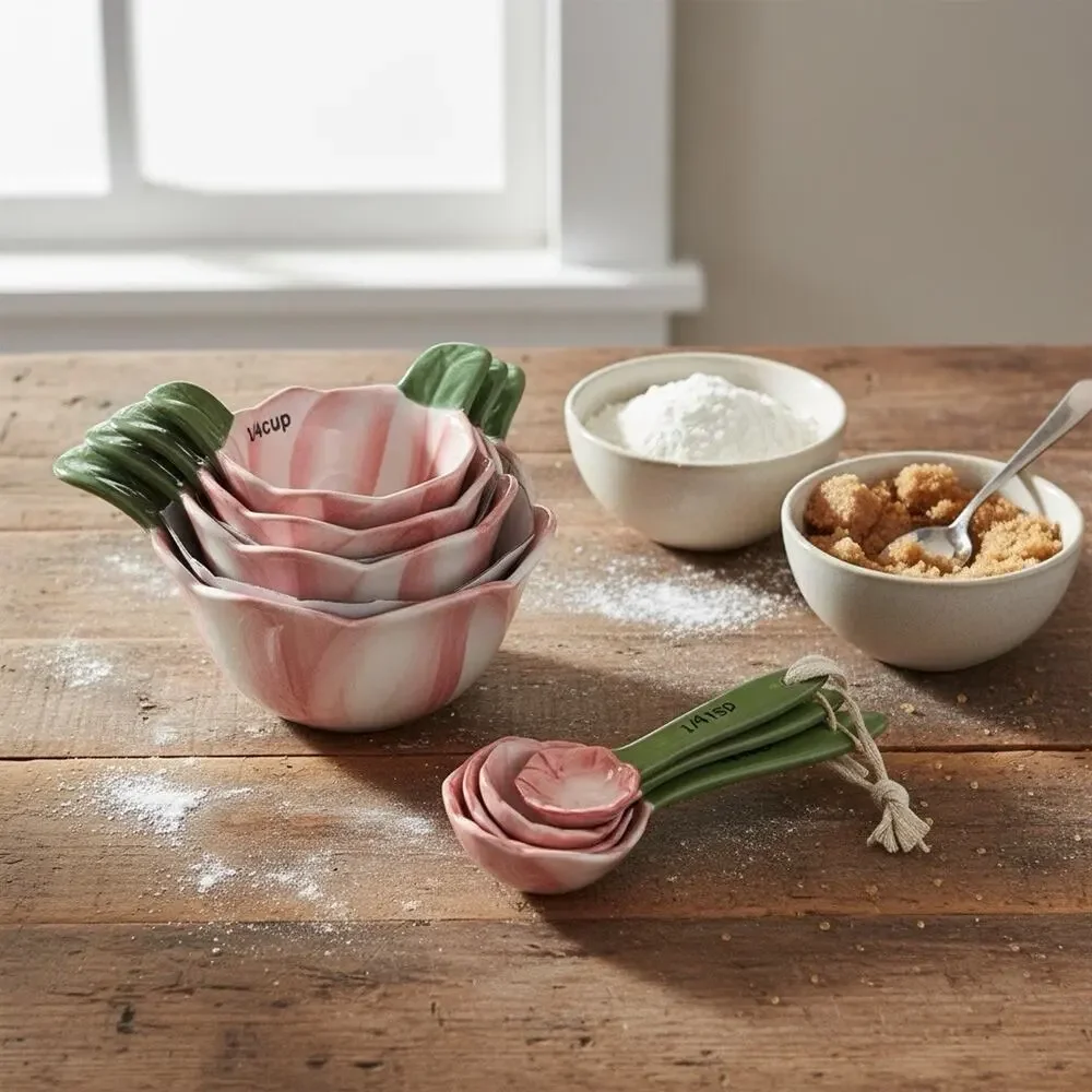 Vintage Pier 1 Measuring Cups & Spoons Nesting Pink Tulips w/ Green Leaf Handle